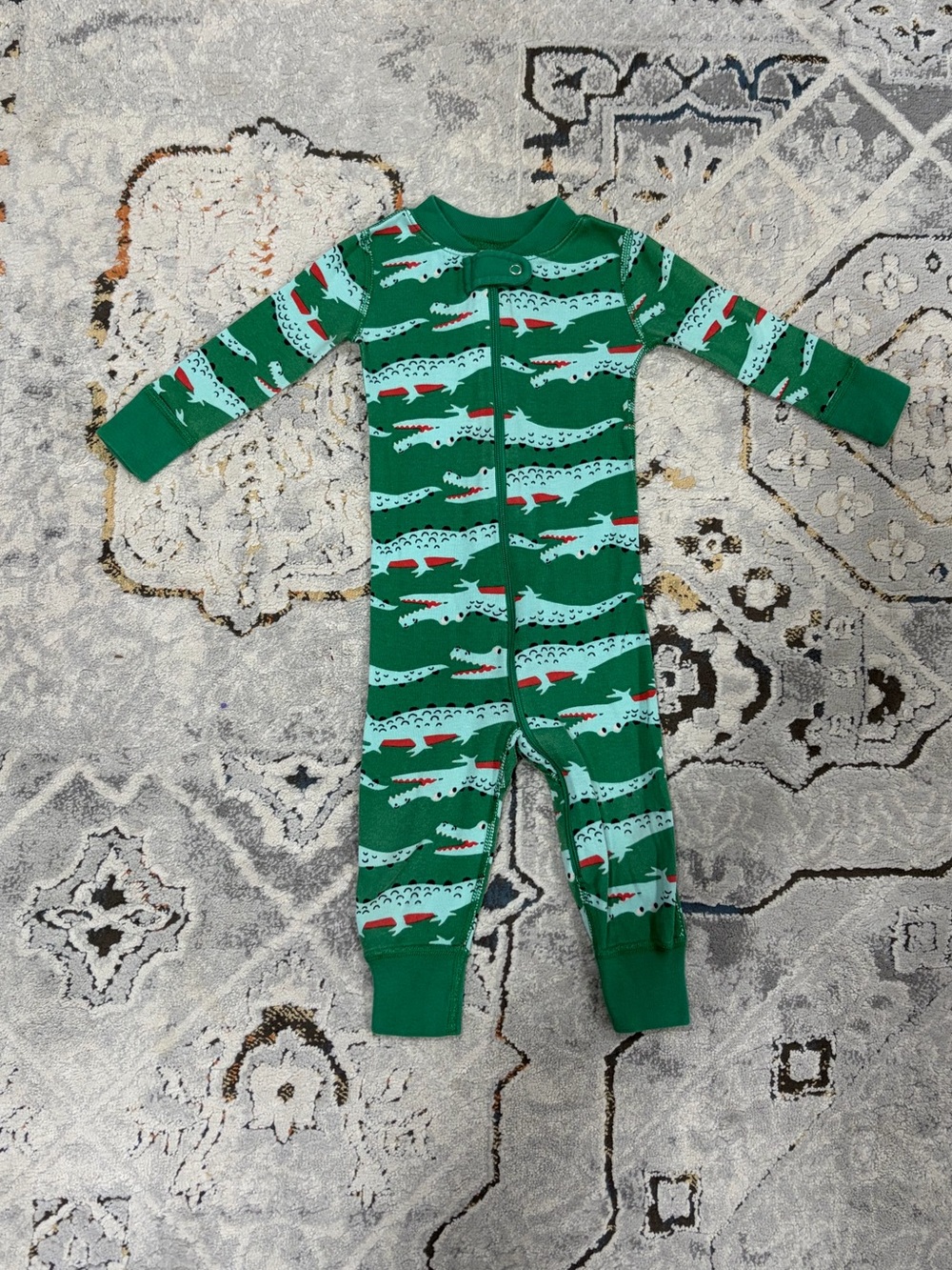 Hanna Andersson Green Alligator Print Kids One-Piece Pajama, 12-18 months